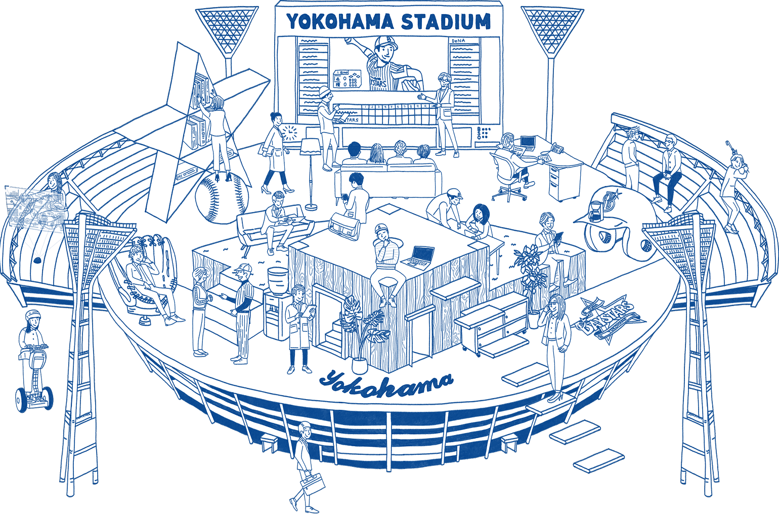スタジアムの俯瞰イラストと観客の様子