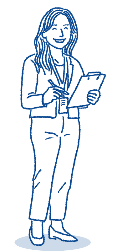 ペンと紙を持つ人物イラストが正面を向いて立っている様子